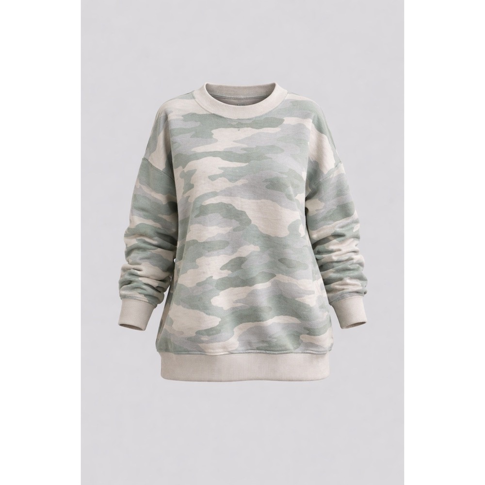 Aerie Camo Oversized Crewneck Sweatshirt Green Cream Ribbed‎ Trim Small